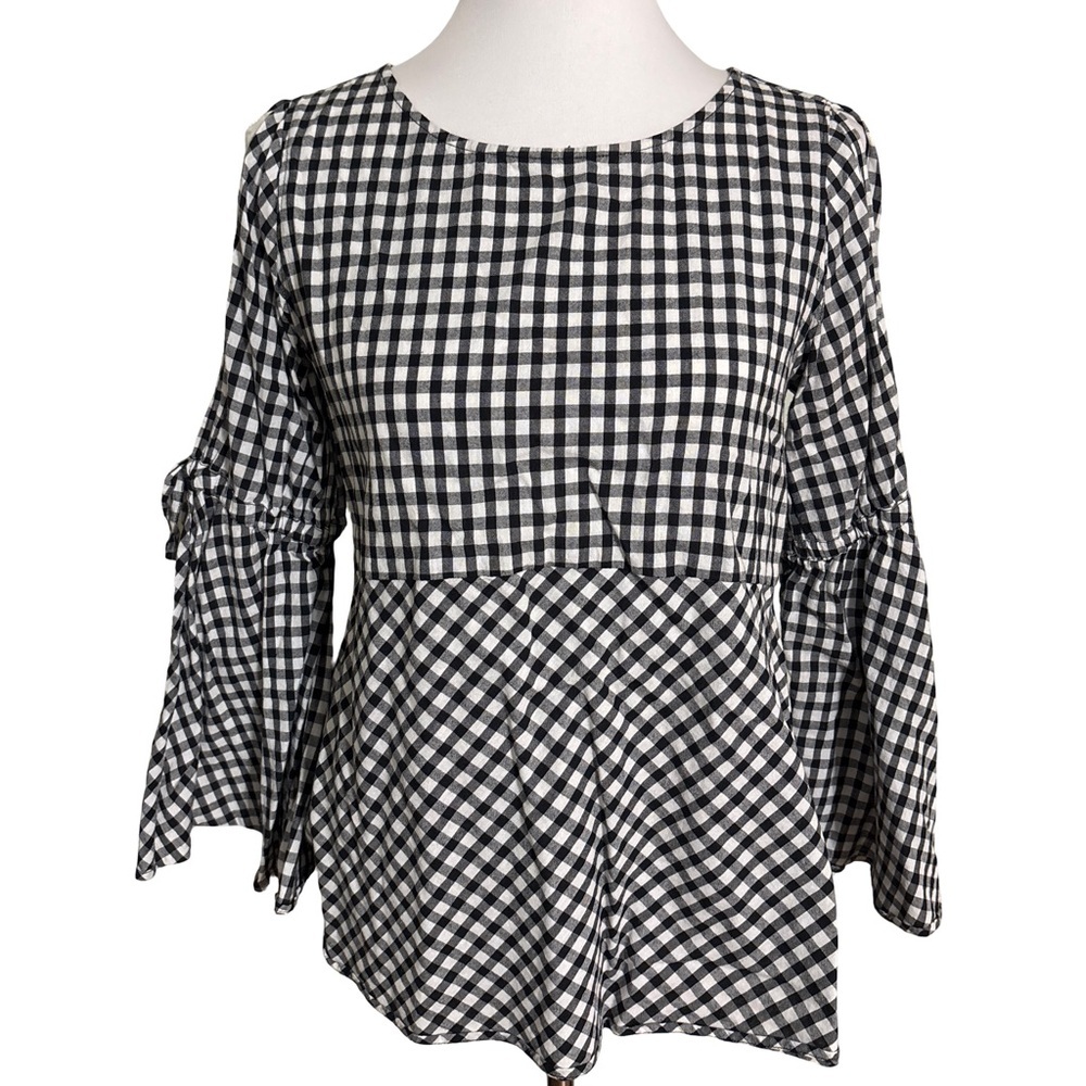 LOFT Black White Gingham Cold Shoulder Blouse Large